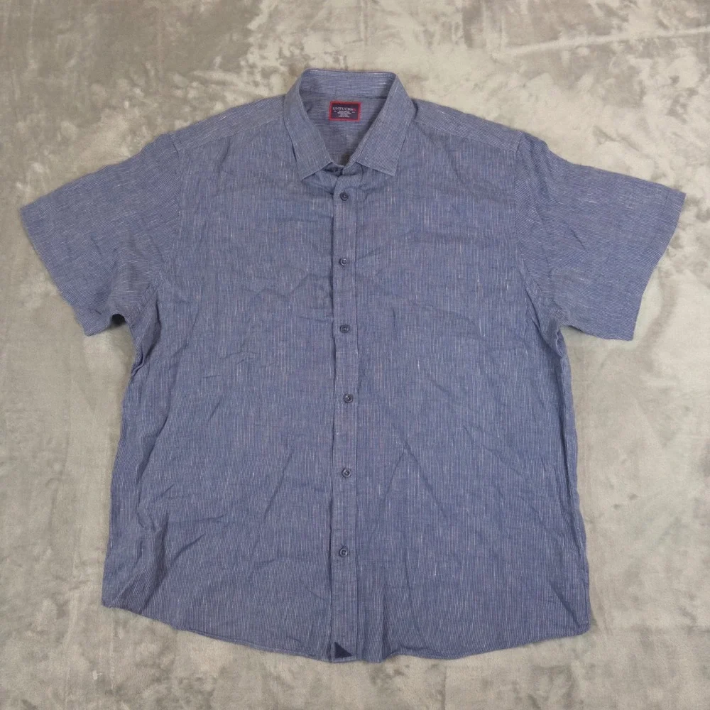 UNTUCKit Button Down Mens XX-Large Blue Linen Stripe Short Sleeve Shirt Casual